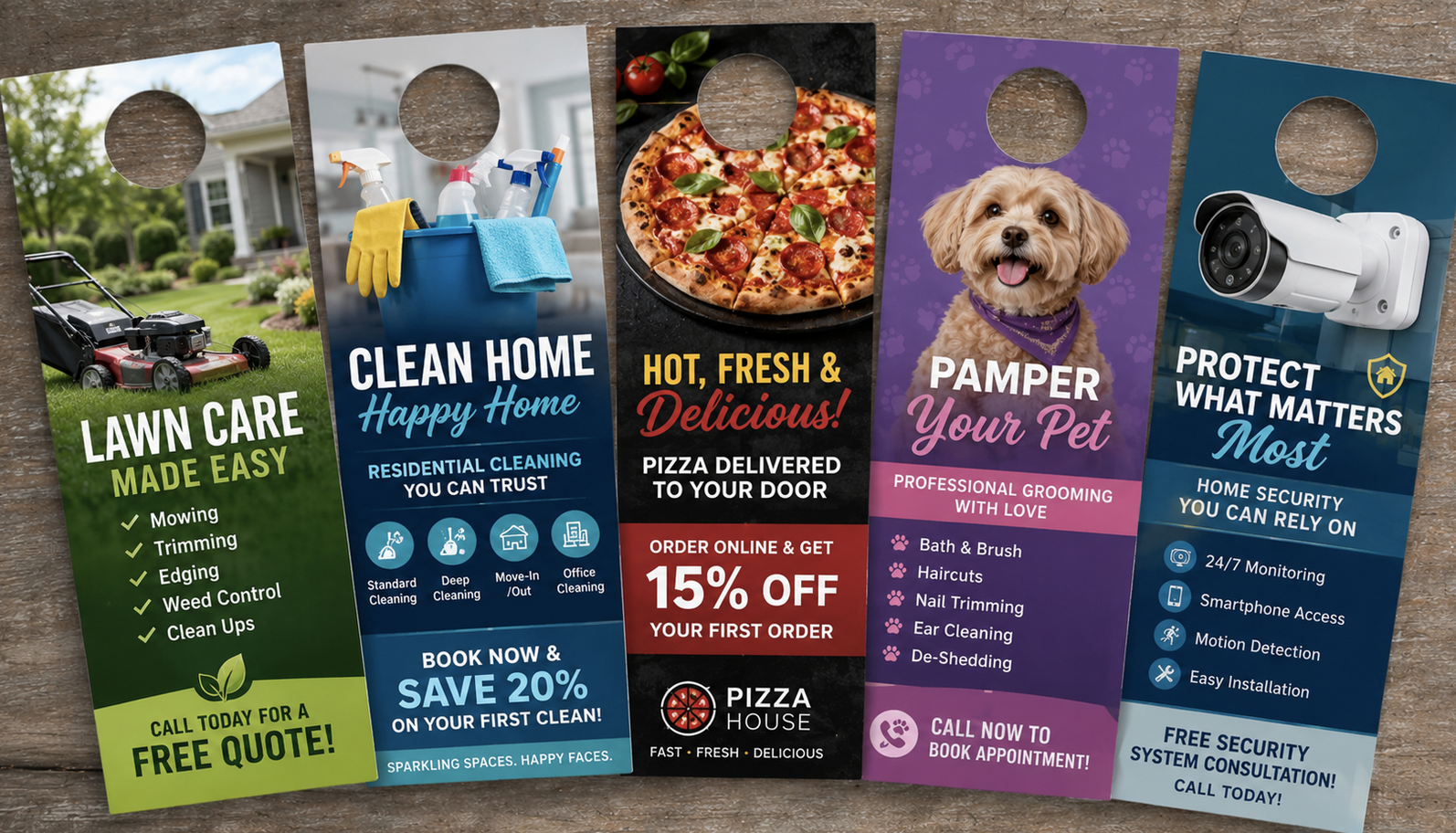 Five GPS Verified door hangers — lawn care, home cleaning, pizza delivery, pet grooming, and home security — hanging on residential front door knobs